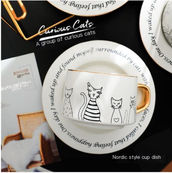 Nordic Style Black and White Cat Coffee Cup Set